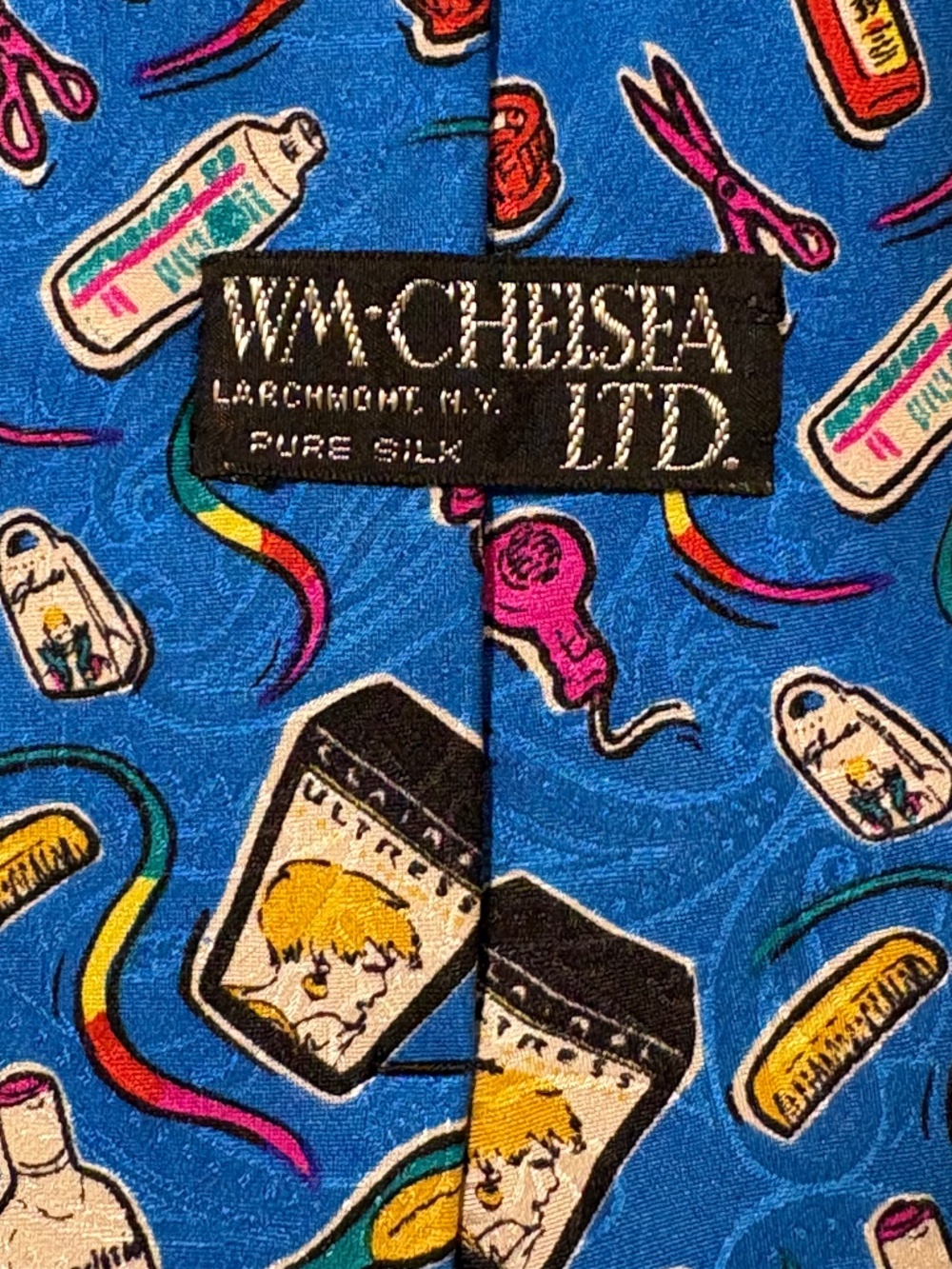 VTG WM Chelsea Ltd Silk Tie Hair Salon Beauty Novelty Print Blue